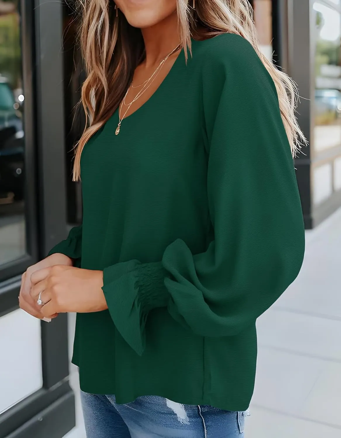 Aifer Womens Blouses Dressy Casual Tops V Neck Ruffle Balloon Long Sleeve Shirts Elegant Business Casual Outifts