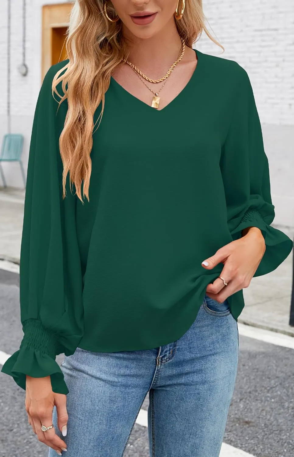 Aifer Womens Blouses Dressy Casual Tops V Neck Ruffle Balloon Long Sleeve Shirts Elegant Business Casual Outifts