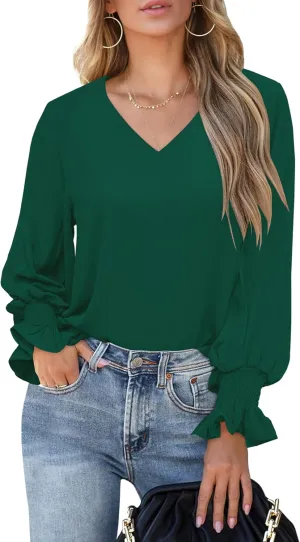 Aifer Womens Blouses Dressy Casual Tops V Neck Ruffle Balloon Long Sleeve Shirts Elegant Business Casual Outifts