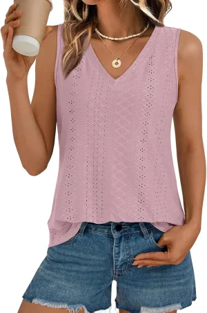 AUTOMET Women Summer Tank Top Eyelet Embroidery 2025 Vacation Sleeveless V Neck Loose Fit Shirt Spring Fashion Casual Clothes