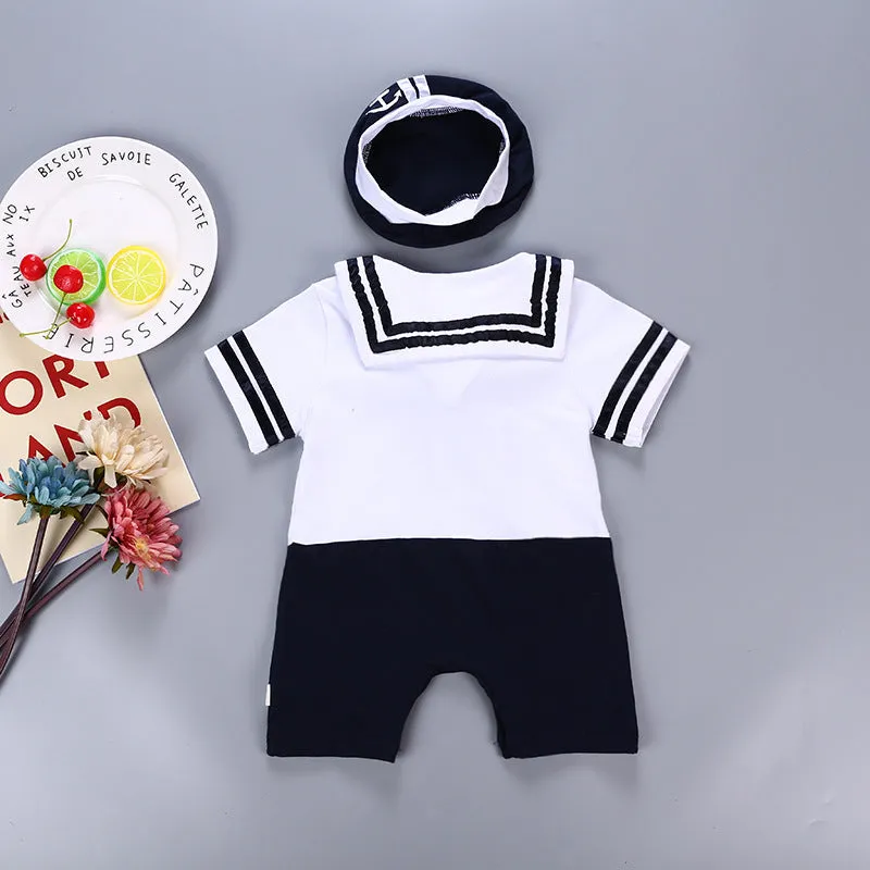 Babymoon Mediterranean Sailor Outfit | Romper with Hat | Beach Sea Style | Baby Photography Prop