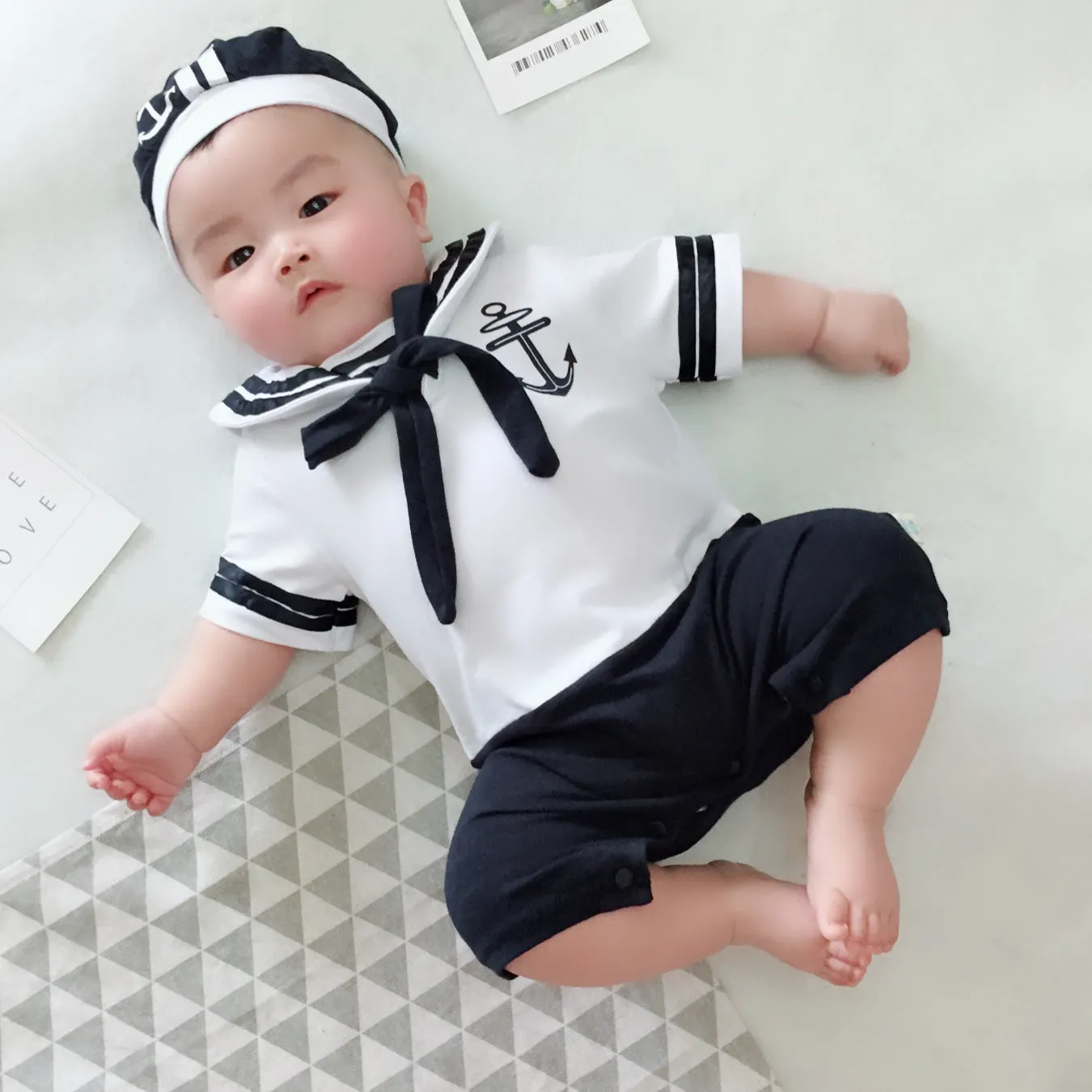 Babymoon Mediterranean Sailor Outfit | Romper with Hat | Beach Sea Style | Baby Photography Prop