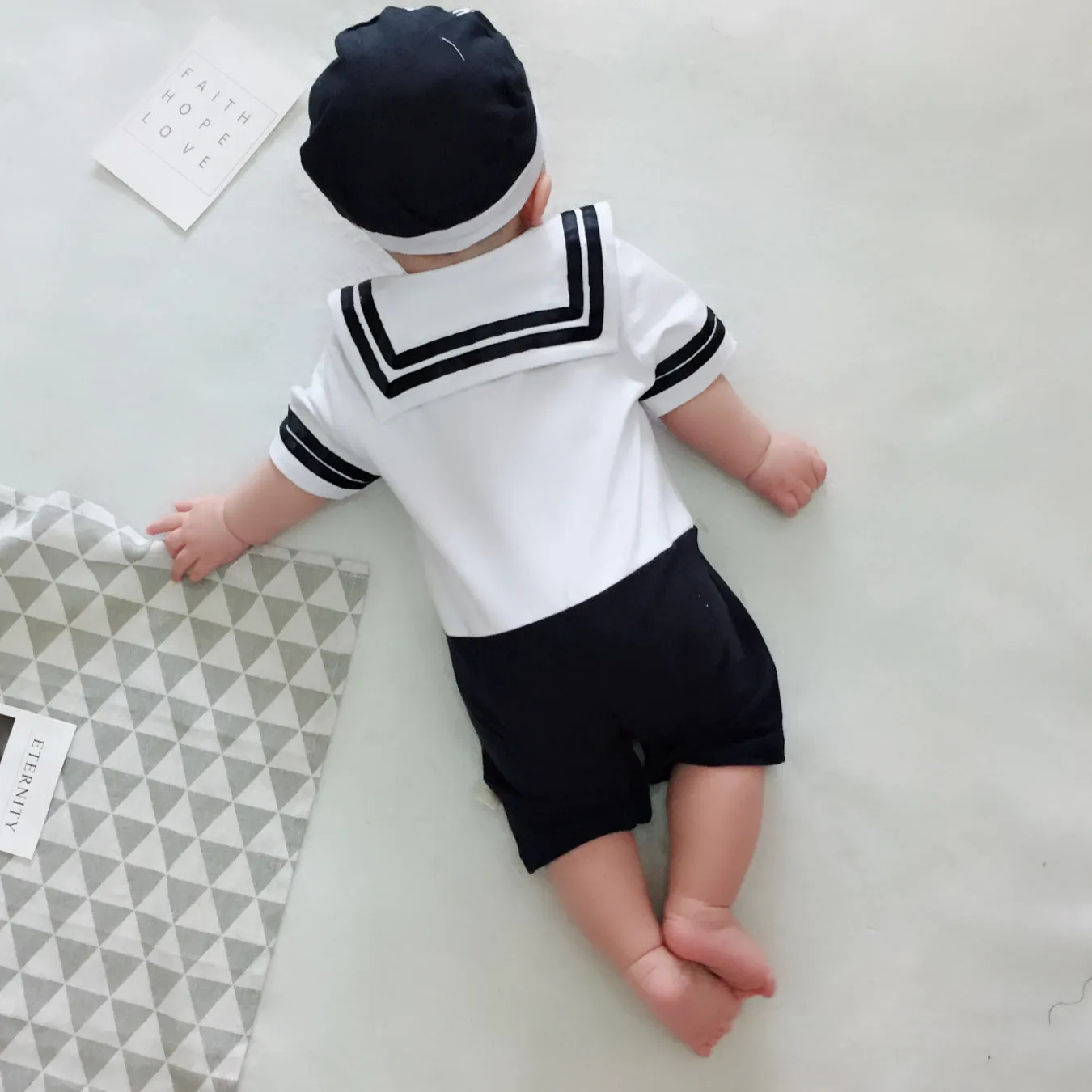 Babymoon Mediterranean Sailor Outfit | Romper with Hat | Beach Sea Style | Baby Photography Prop