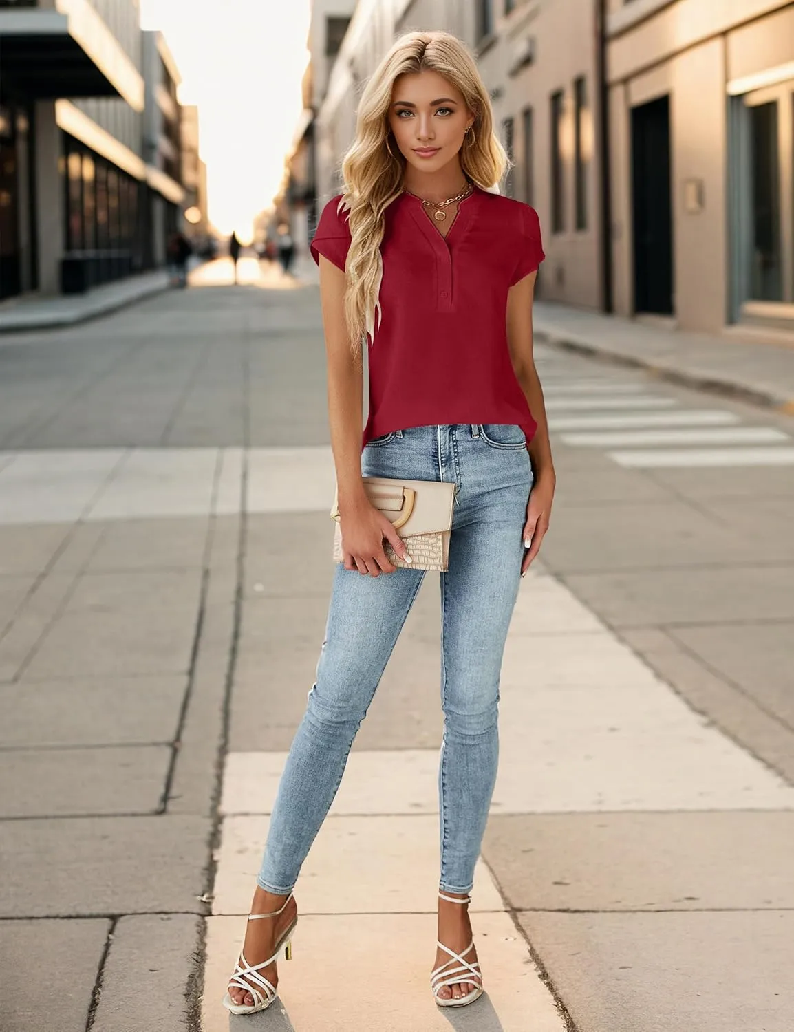 Blooming Jelly Womens Dressy Casual Tops Business Casual Cap Sleeve Work Blouses Chiffon V Neck Button Down Shirts