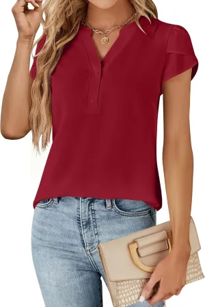 Blooming Jelly Womens Dressy Casual Tops Business Casual Cap Sleeve Work Blouses Chiffon V Neck Button Down Shirts
