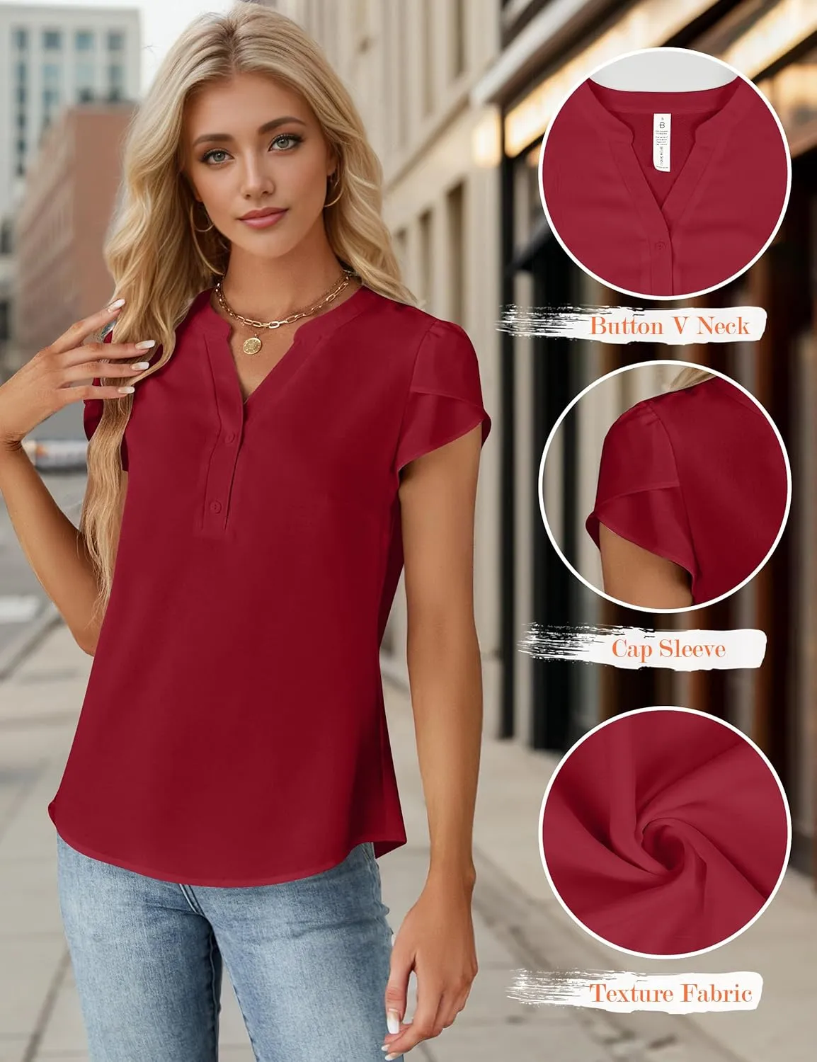 Blooming Jelly Womens Dressy Casual Tops Business Casual Cap Sleeve Work Blouses Chiffon V Neck Button Down Shirts