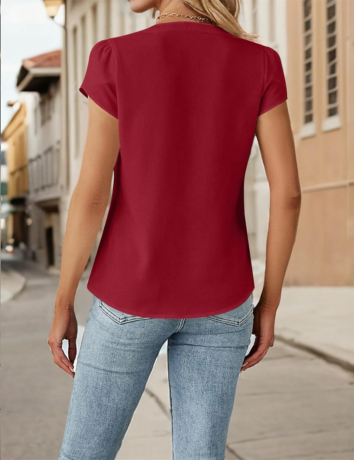 Blooming Jelly Womens Dressy Casual Tops Business Casual Cap Sleeve Work Blouses Chiffon V Neck Button Down Shirts