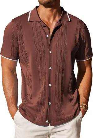 COOFANDY Men's Knit Button Down Shirt Vintage Short Sleeve Polo Shirts Casual Beach Tops