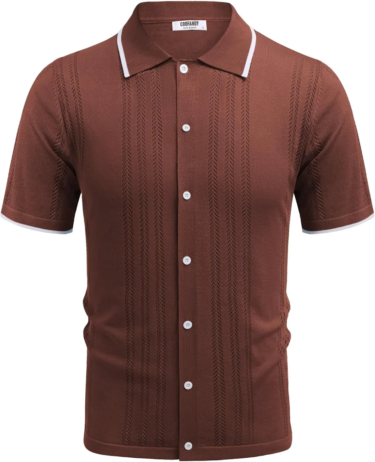 COOFANDY Men's Knit Button Down Shirt Vintage Short Sleeve Polo Shirts Casual Beach Tops