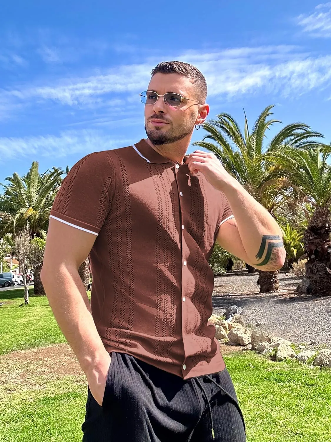 COOFANDY Men's Knit Button Down Shirt Vintage Short Sleeve Polo Shirts Casual Beach Tops