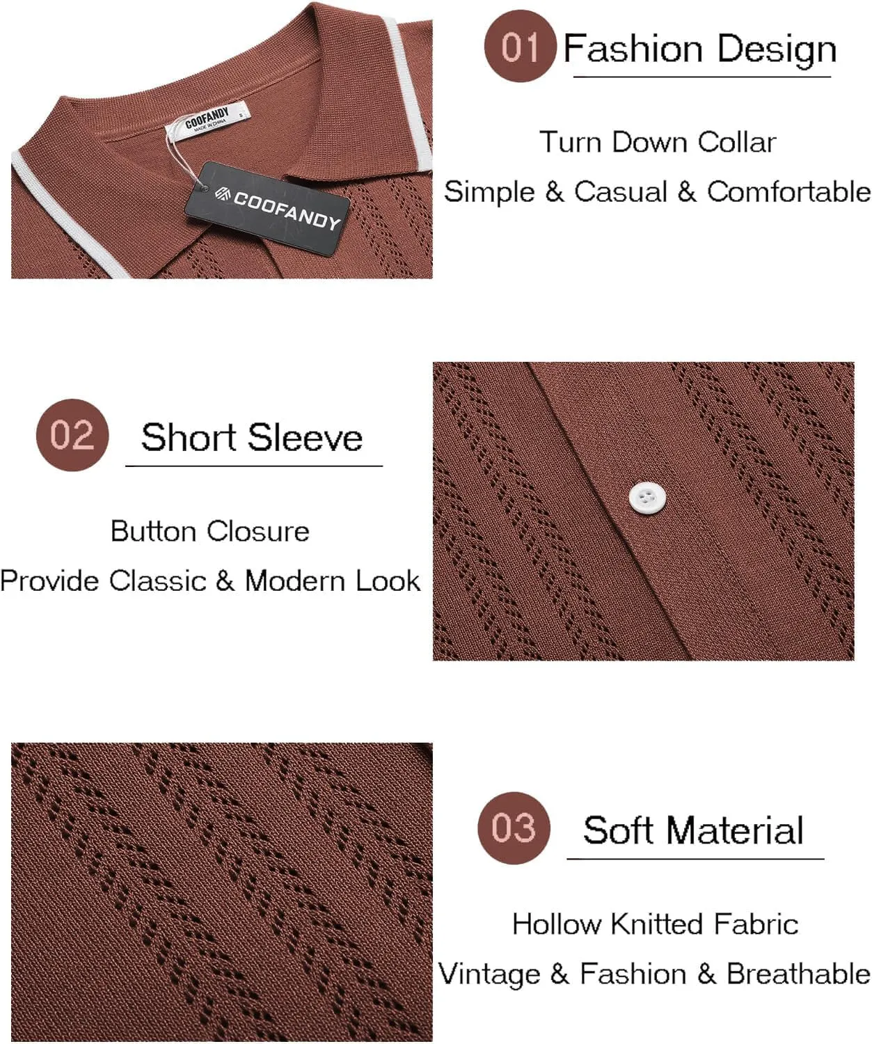 COOFANDY Men's Knit Button Down Shirt Vintage Short Sleeve Polo Shirts Casual Beach Tops