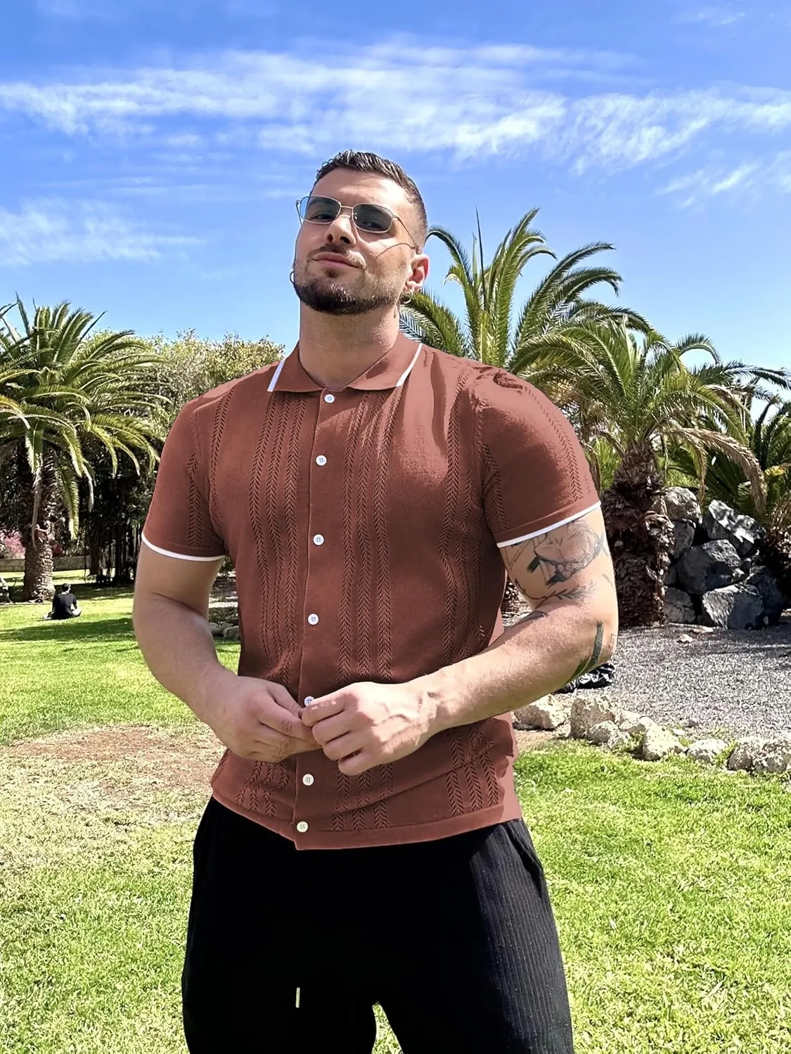 COOFANDY Men's Knit Button Down Shirt Vintage Short Sleeve Polo Shirts Casual Beach Tops