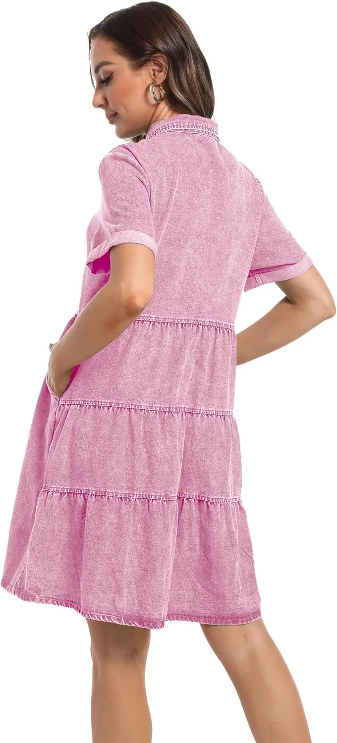 Denim Dress for Women Short Sleeve Button Down Summer Babydoll Casual Jean Dress Tunic Top