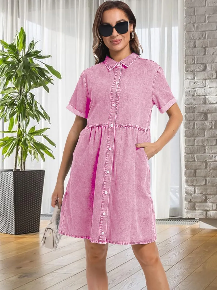 Denim Dress for Women Short Sleeve Button Down Summer Babydoll Casual Jean Dress Tunic Top