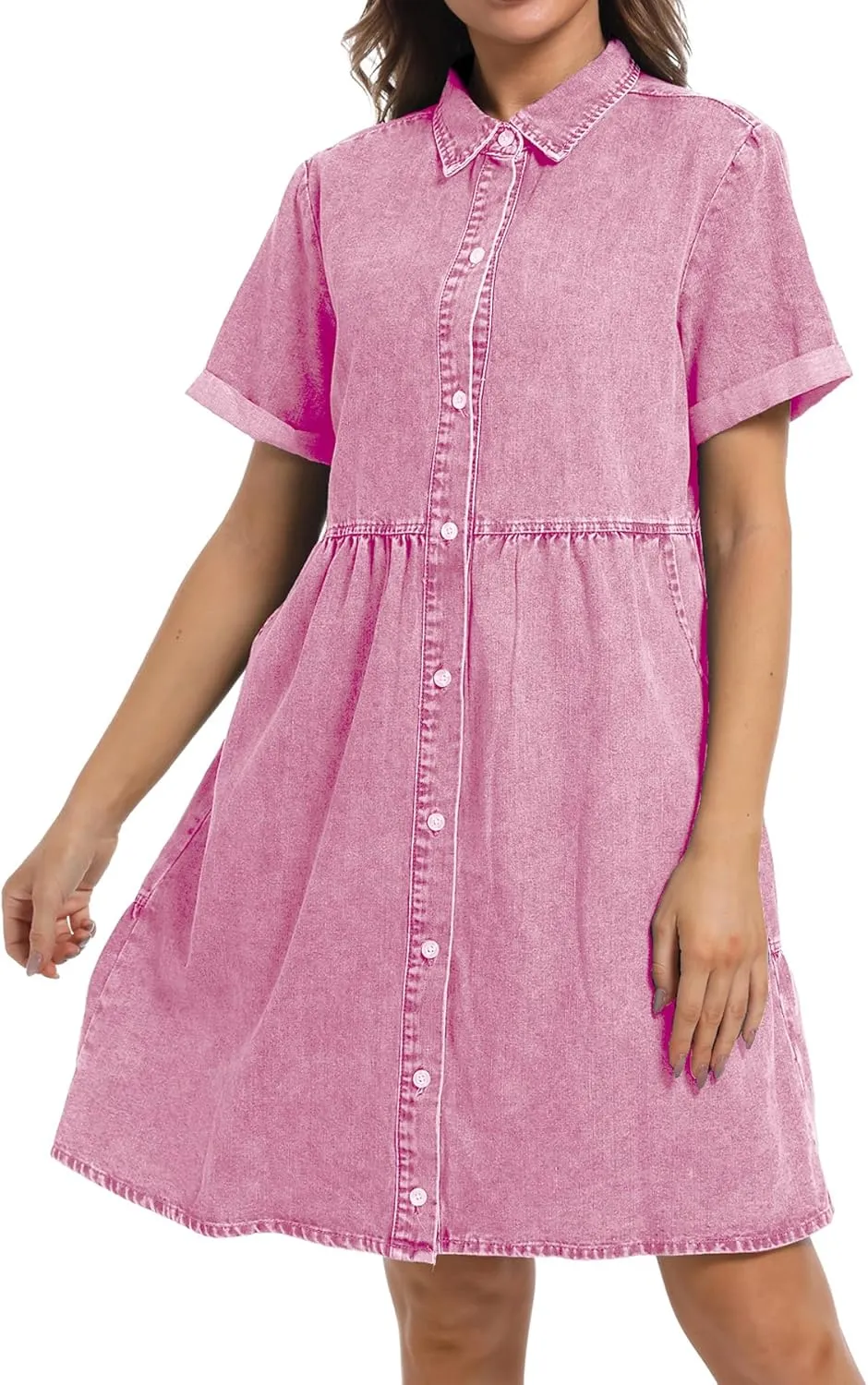 Denim Dress for Women Short Sleeve Button Down Summer Babydoll Casual Jean Dress Tunic Top