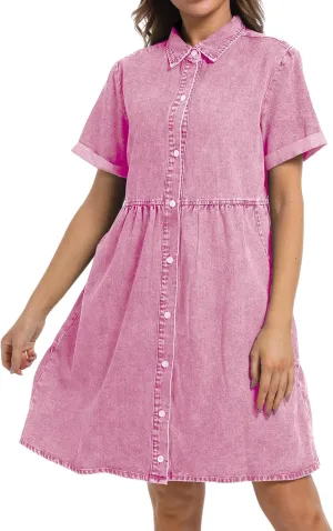 Denim Dress for Women Short Sleeve Button Down Summer Babydoll Casual Jean Dress Tunic Top