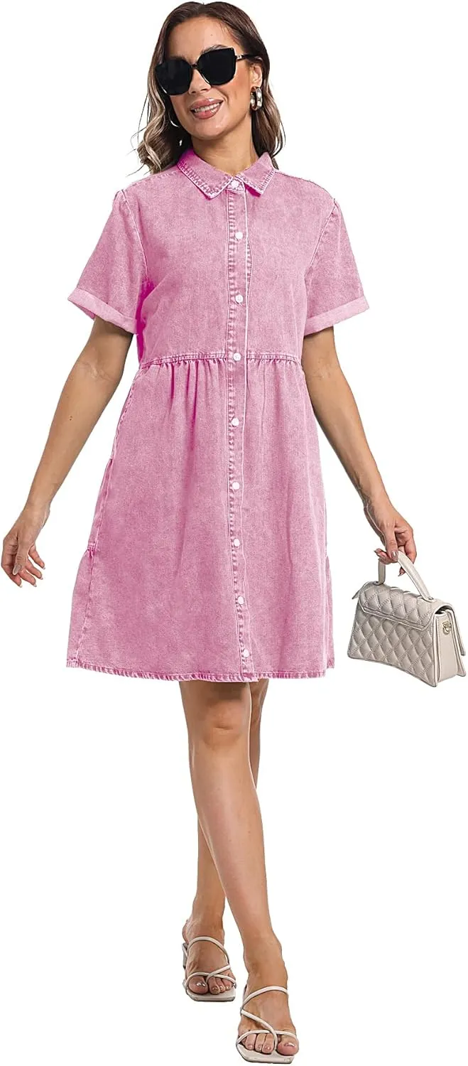 Denim Dress for Women Short Sleeve Button Down Summer Babydoll Casual Jean Dress Tunic Top