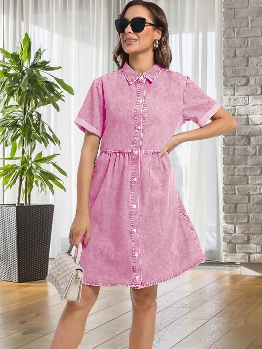 Denim Dress for Women Short Sleeve Button Down Summer Babydoll Casual Jean Dress Tunic Top