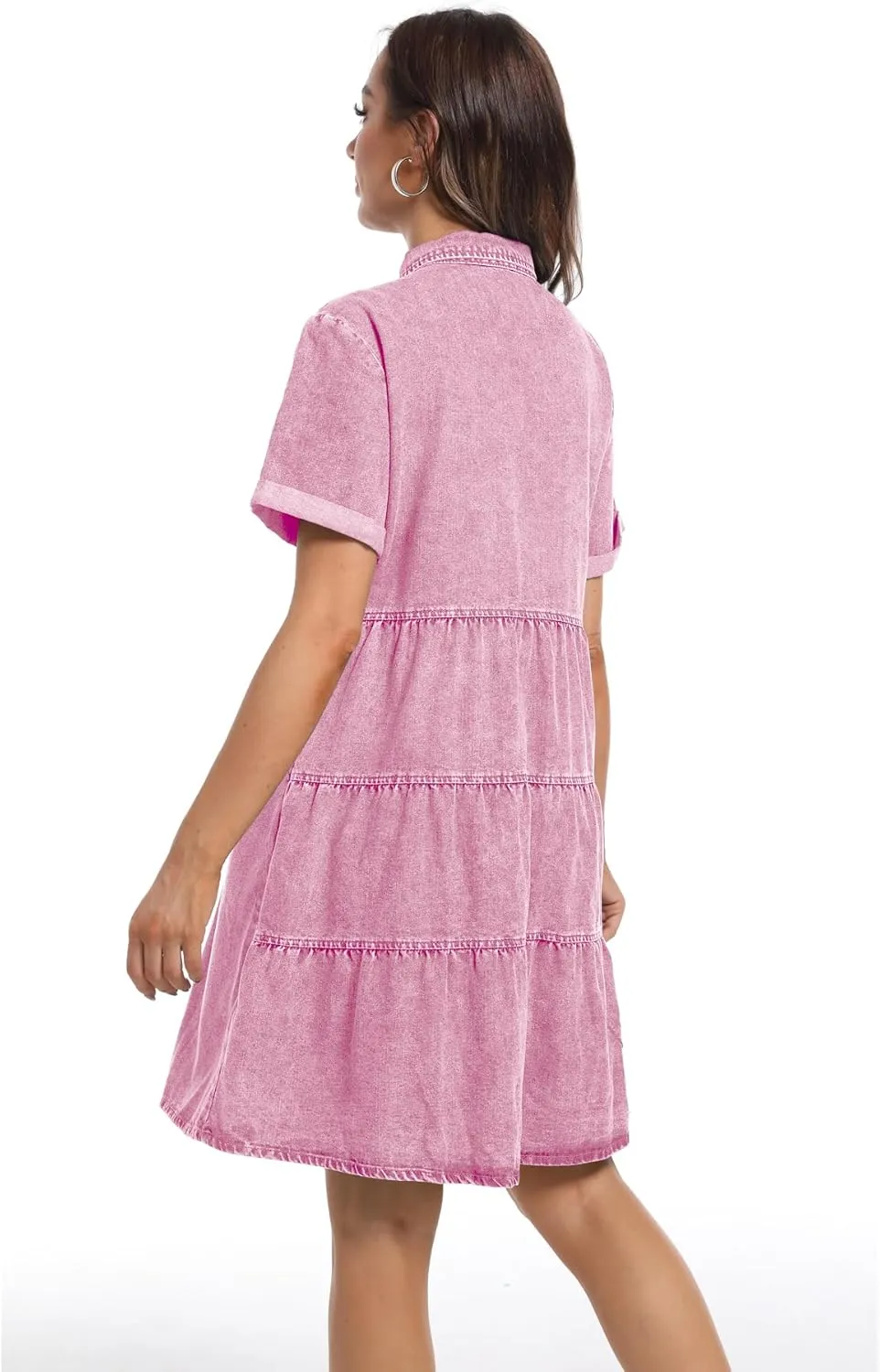 Denim Dress for Women Short Sleeve Button Down Summer Babydoll Casual Jean Dress Tunic Top