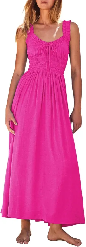 Duigluw Women 2025 Summer Sleeveless Smocked Empire Waist Tank Dress Summer Beach Tiered Long Dresses Sundress