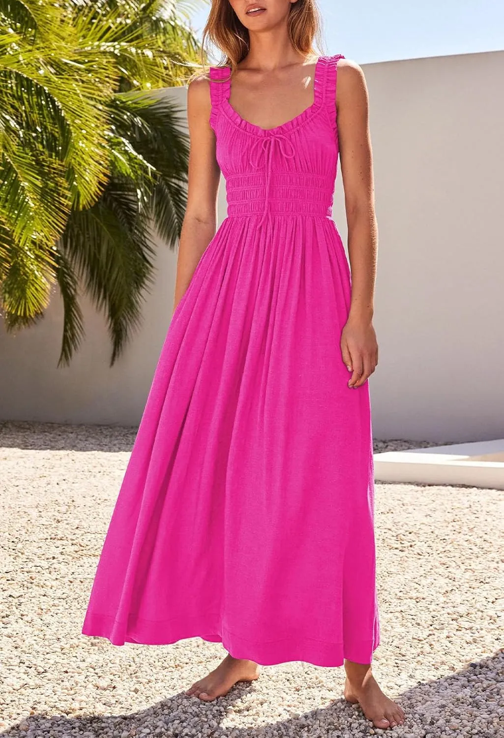 Duigluw Women 2025 Summer Sleeveless Smocked Empire Waist Tank Dress Summer Beach Tiered Long Dresses Sundress