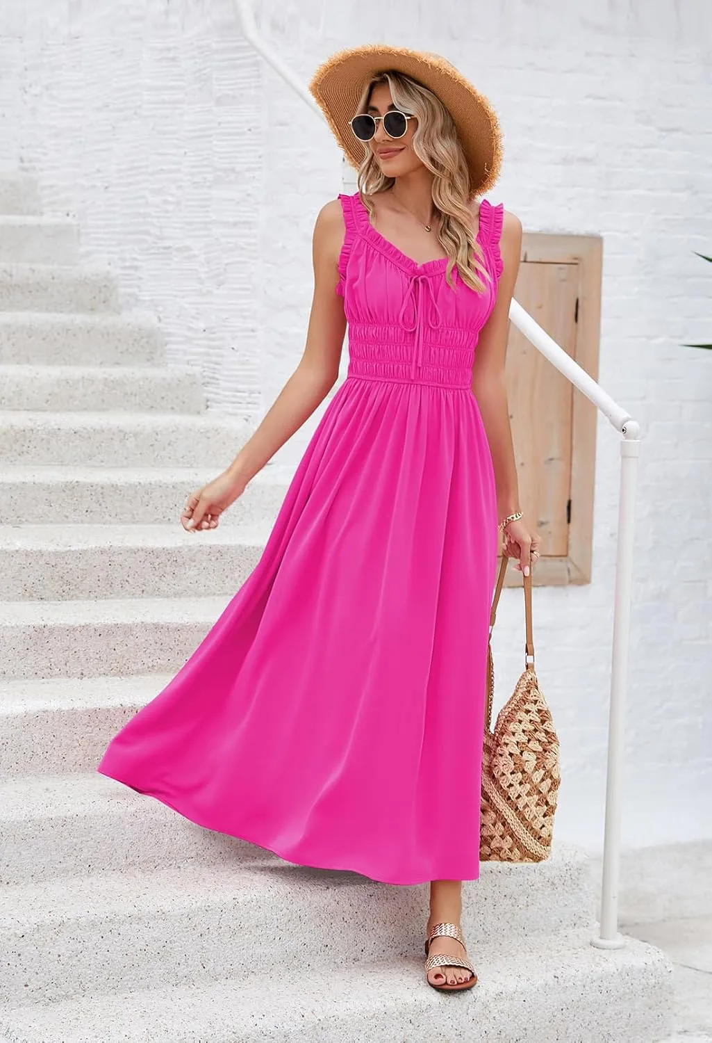 Duigluw Women 2025 Summer Sleeveless Smocked Empire Waist Tank Dress Summer Beach Tiered Long Dresses Sundress