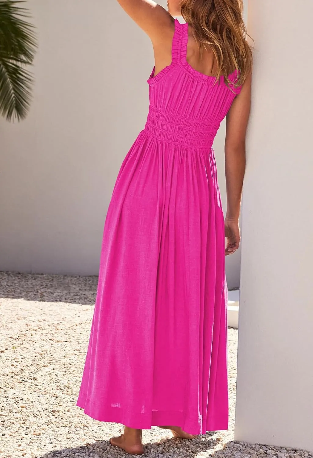 Duigluw Women 2025 Summer Sleeveless Smocked Empire Waist Tank Dress Summer Beach Tiered Long Dresses Sundress