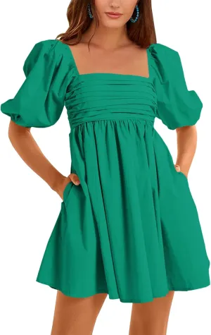 Ebifin Womens Square Neck Dresses Half Puff Sleeve High Waist A-Line Casual Backless Smocked Short Babydoll Mini Dress