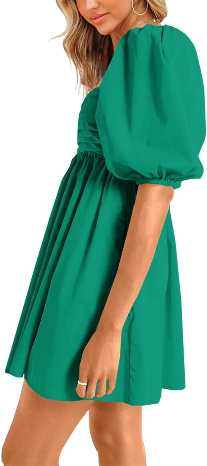 Ebifin Womens Square Neck Dresses Half Puff Sleeve High Waist A-Line Casual Backless Smocked Short Babydoll Mini Dress