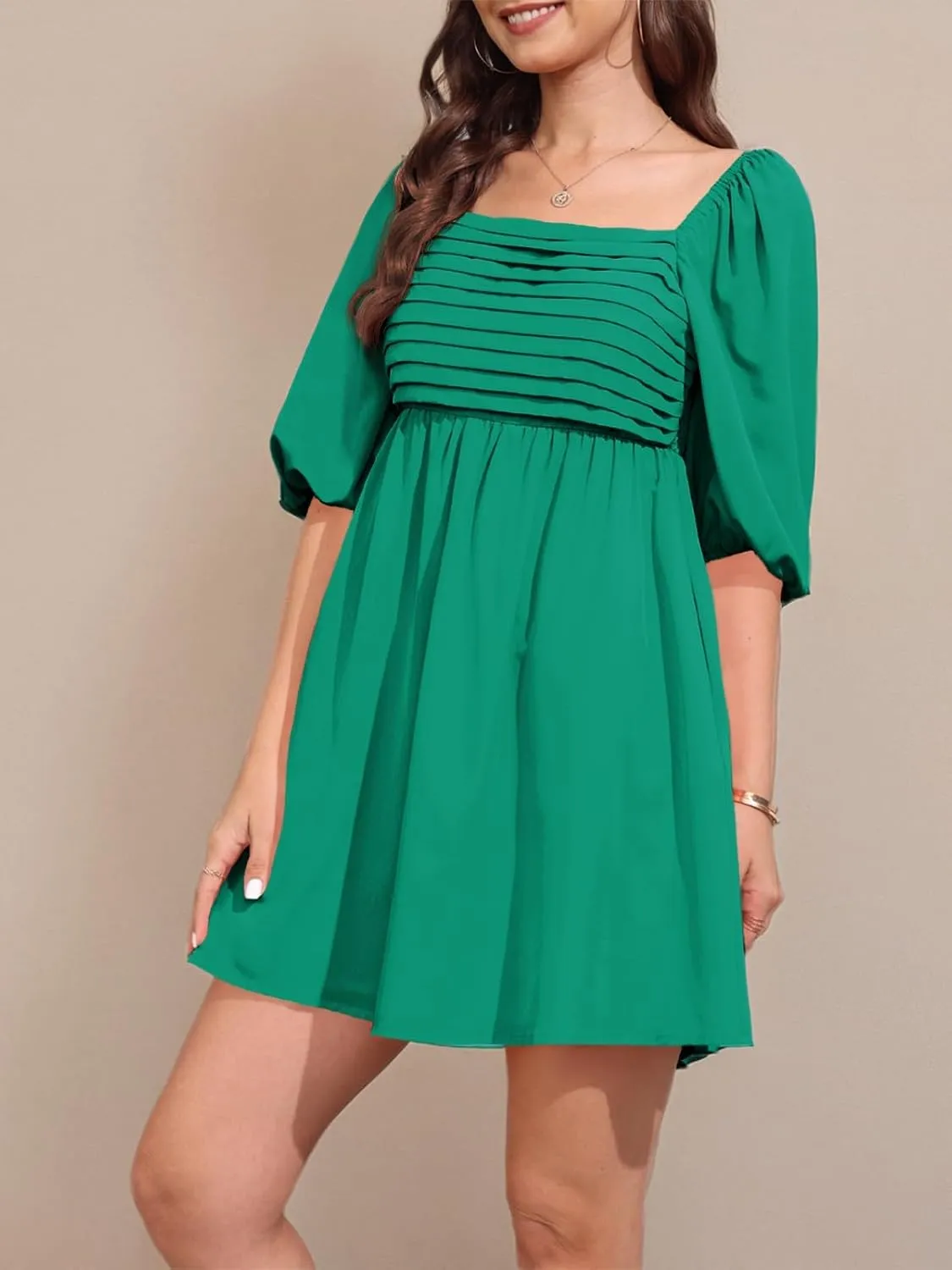 Ebifin Womens Square Neck Dresses Half Puff Sleeve High Waist A-Line Casual Backless Smocked Short Babydoll Mini Dress