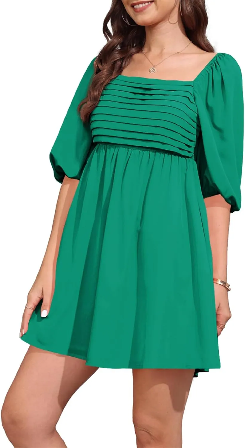 Ebifin Womens Square Neck Dresses Half Puff Sleeve High Waist A-Line Casual Backless Smocked Short Babydoll Mini Dress