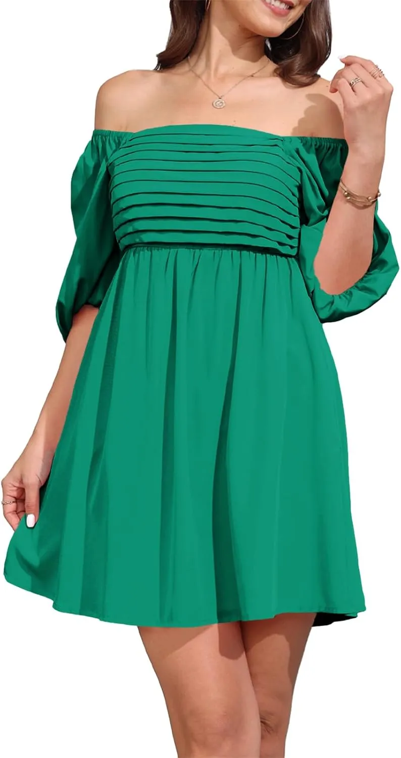 Ebifin Womens Square Neck Dresses Half Puff Sleeve High Waist A-Line Casual Backless Smocked Short Babydoll Mini Dress