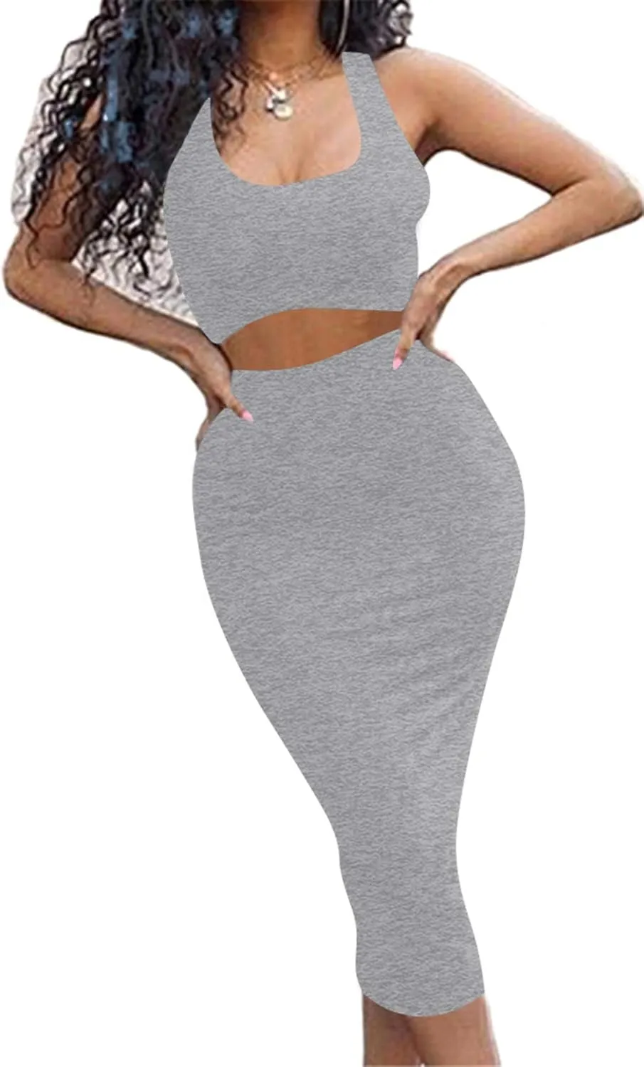 GOBLES Women's Sexy Summer Outfits Bodycon Tank Top Midi Skirt 2 Piece Dress