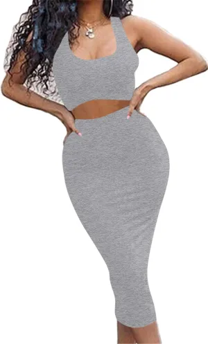 GOBLES Women's Sexy Summer Outfits Bodycon Tank Top Midi Skirt 2 Piece Dress