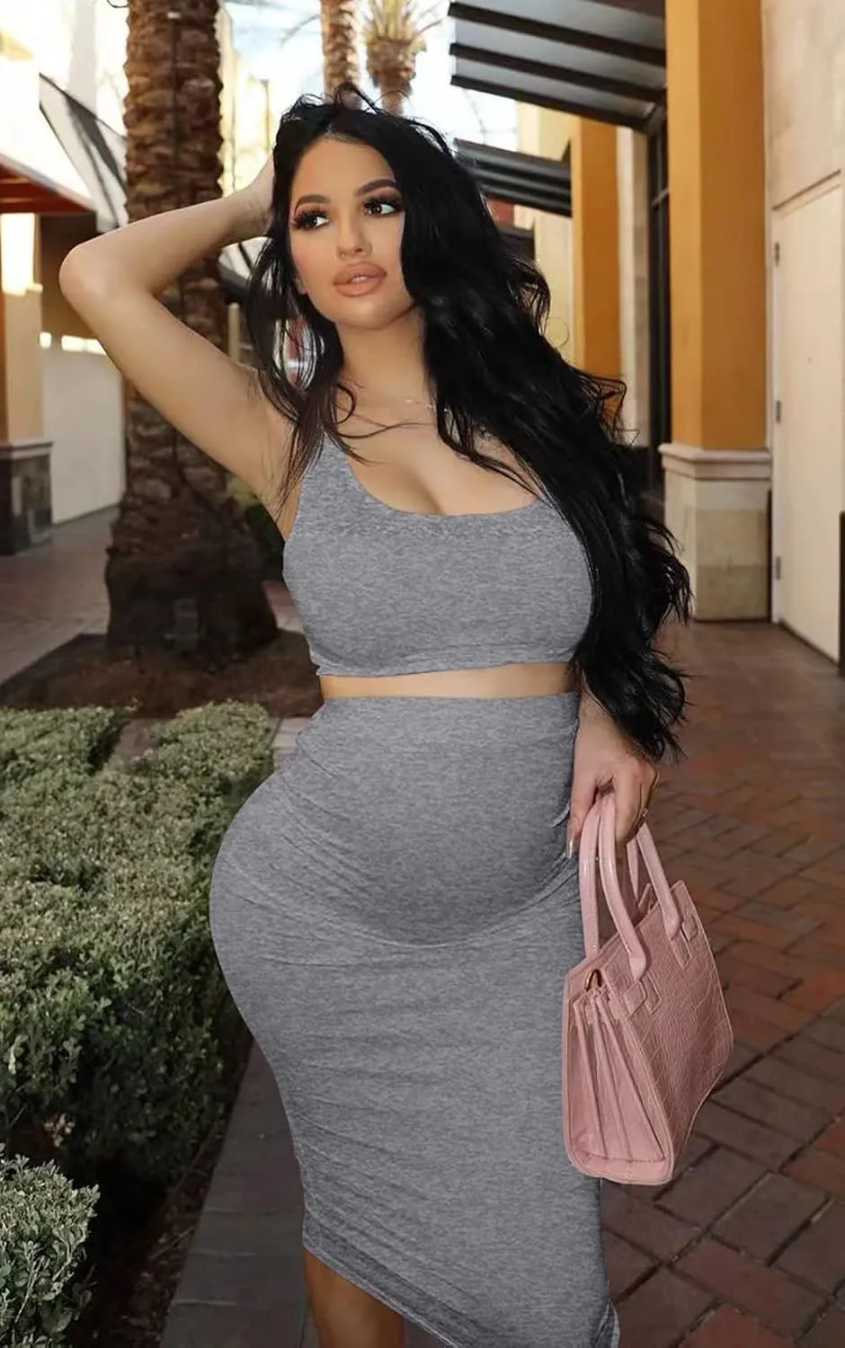 GOBLES Women's Sexy Summer Outfits Bodycon Tank Top Midi Skirt 2 Piece Dress