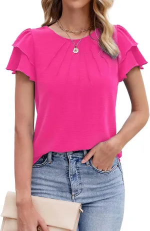 Gracyoga Womens 2025 Dressy Casual Blouses Ruffle Short Sleeve T Shirts Pleated Crew Neck Tops