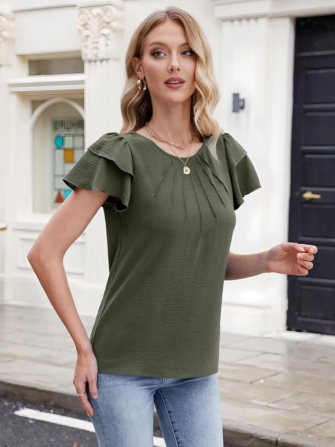 Gracyoga Womens 2025 Dressy Casual Blouses Ruffle Short Sleeve T Shirts Pleated Crew Neck Tops