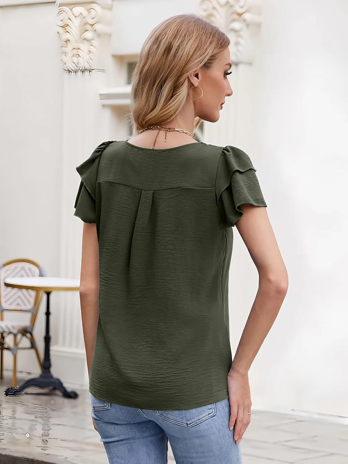 Gracyoga Womens 2025 Dressy Casual Blouses Ruffle Short Sleeve T Shirts Pleated Crew Neck Tops
