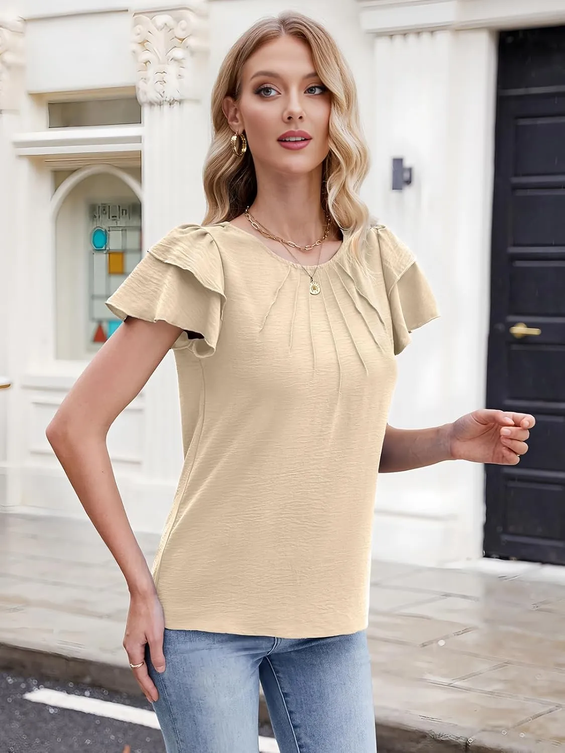 Gracyoga Womens 2025 Dressy Casual Blouses Ruffle Short Sleeve T Shirts Pleated Crew Neck Tops