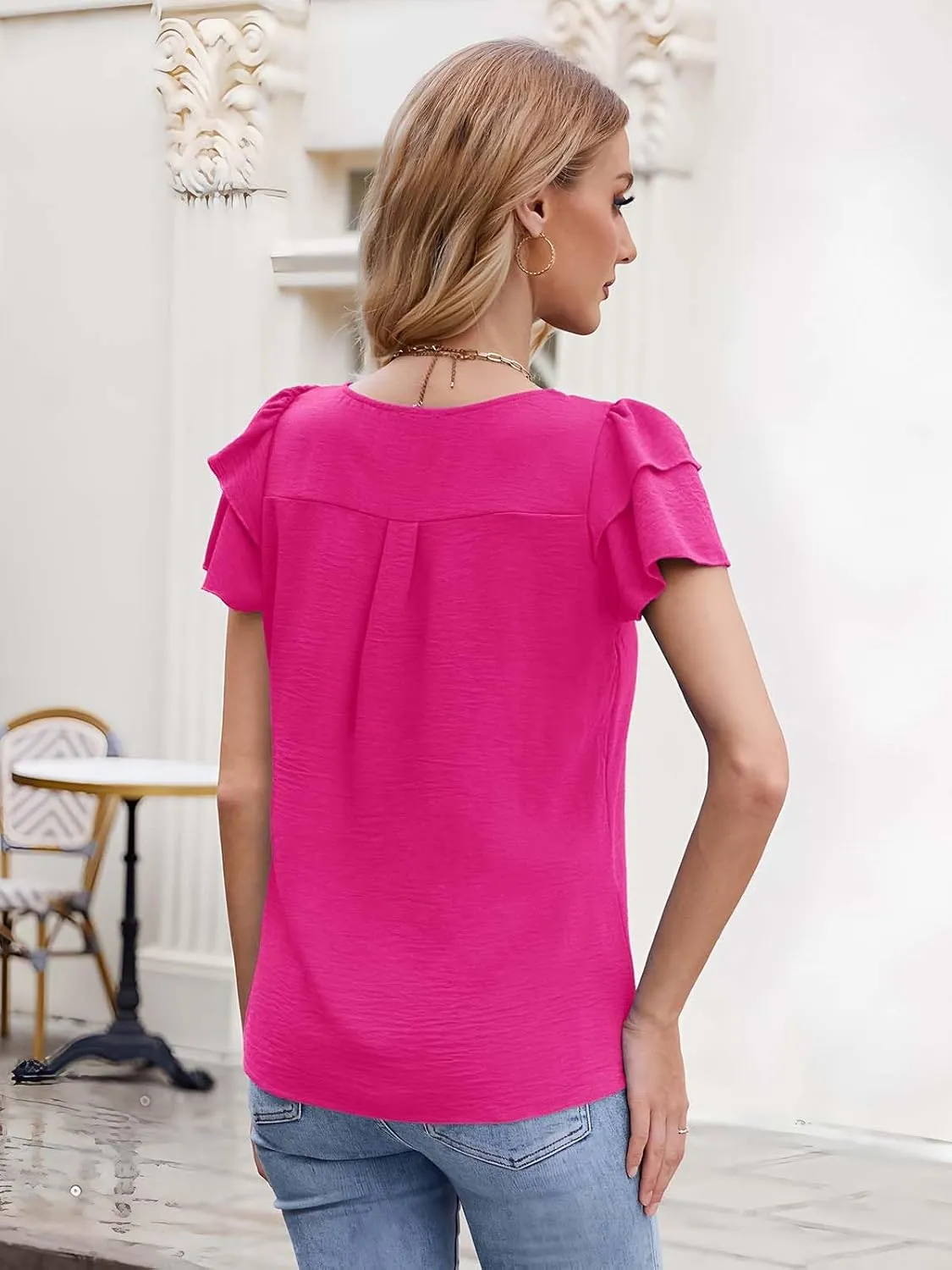 Gracyoga Womens 2025 Dressy Casual Blouses Ruffle Short Sleeve T Shirts Pleated Crew Neck Tops