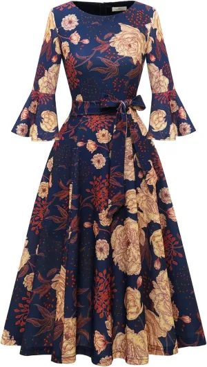 HomRain Women's Church Dresses for 2025 Wedding Guest Cocktail Tea Party Bell Sleeve Vintage Evening Graduation Dress