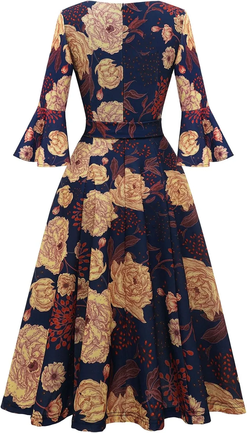 HomRain Women's Church Dresses for 2025 Wedding Guest Cocktail Tea Party Bell Sleeve Vintage Evening Graduation Dress