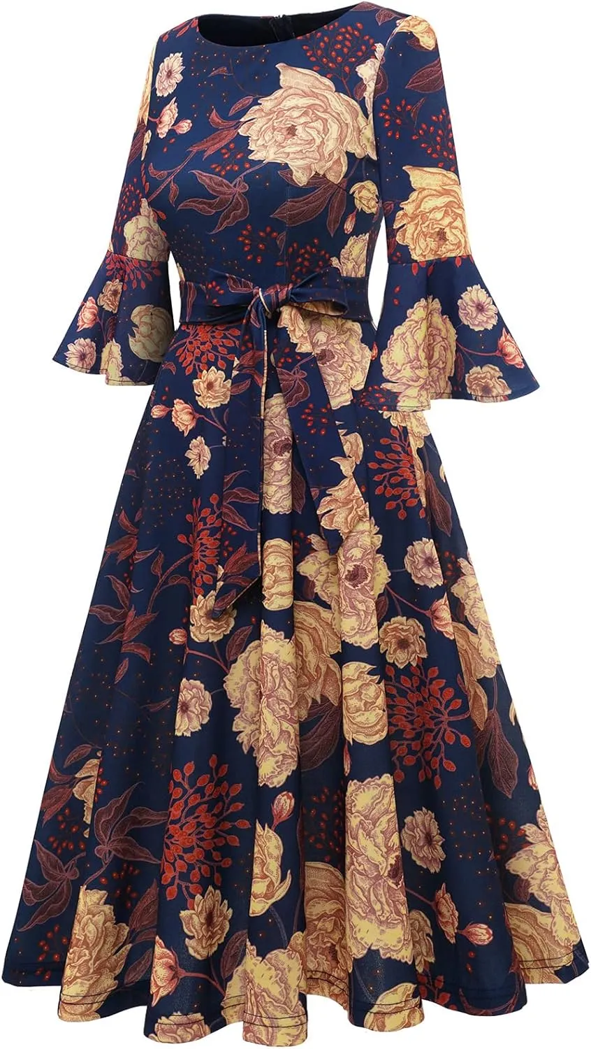 HomRain Women's Church Dresses for 2025 Wedding Guest Cocktail Tea Party Bell Sleeve Vintage Evening Graduation Dress