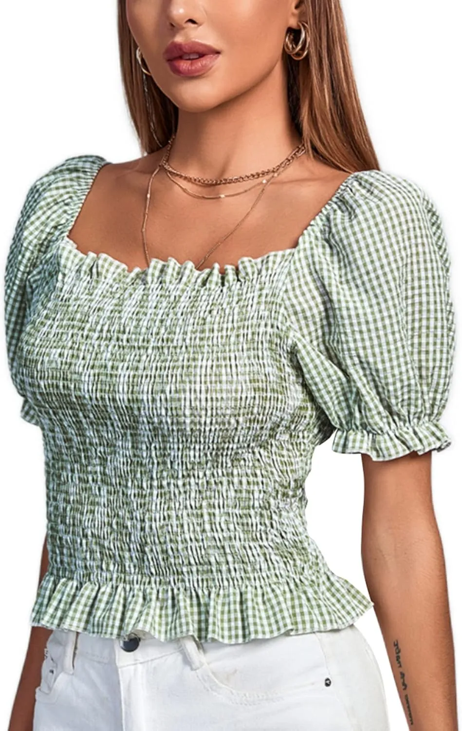 LYANER Women's Ruffle Peplum Smock Gingham Crop Top Square Neck Puff Short Sleeve Blouse Shirt