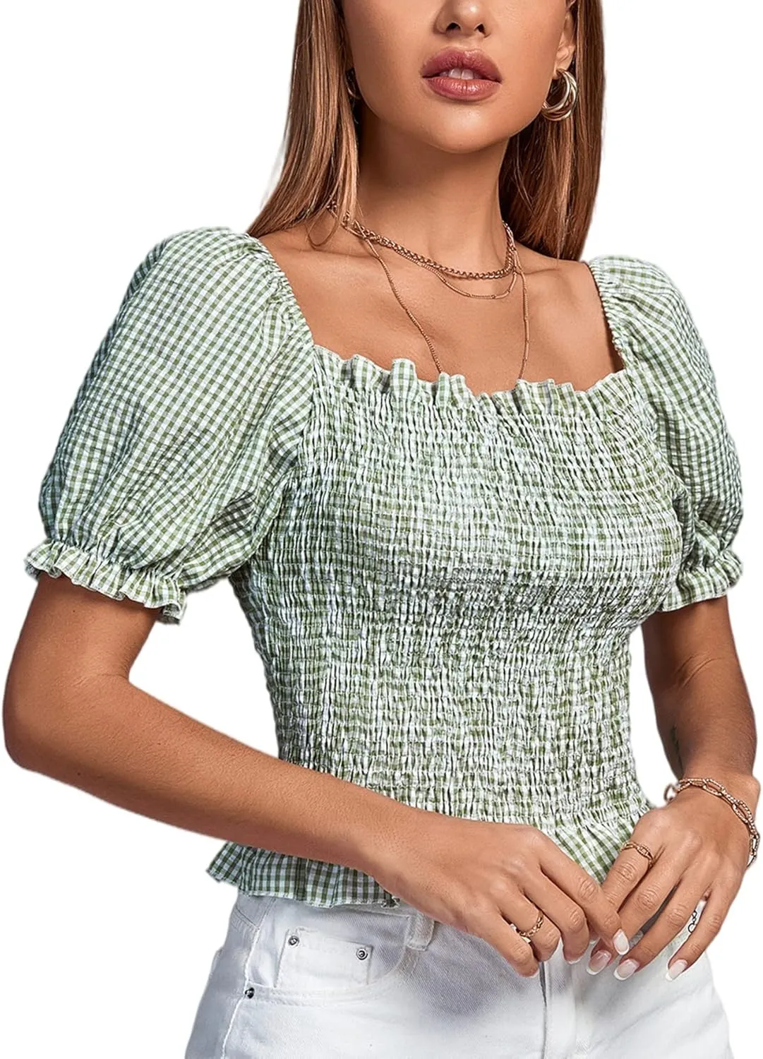 LYANER Women's Ruffle Peplum Smock Gingham Crop Top Square Neck Puff Short Sleeve Blouse Shirt