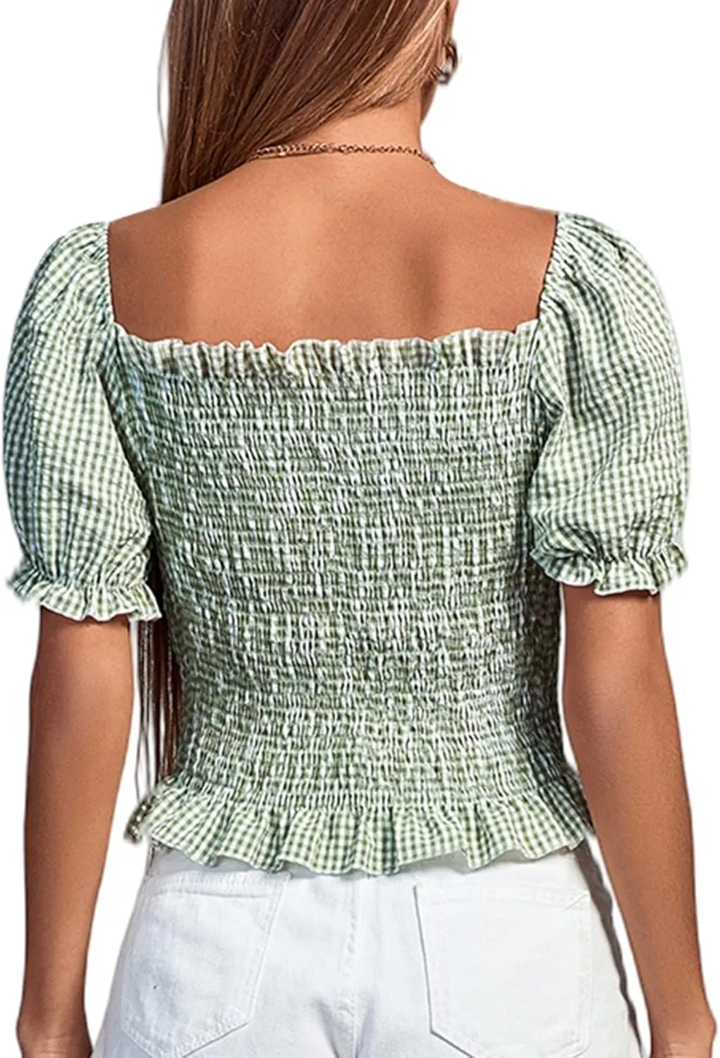 LYANER Women's Ruffle Peplum Smock Gingham Crop Top Square Neck Puff Short Sleeve Blouse Shirt