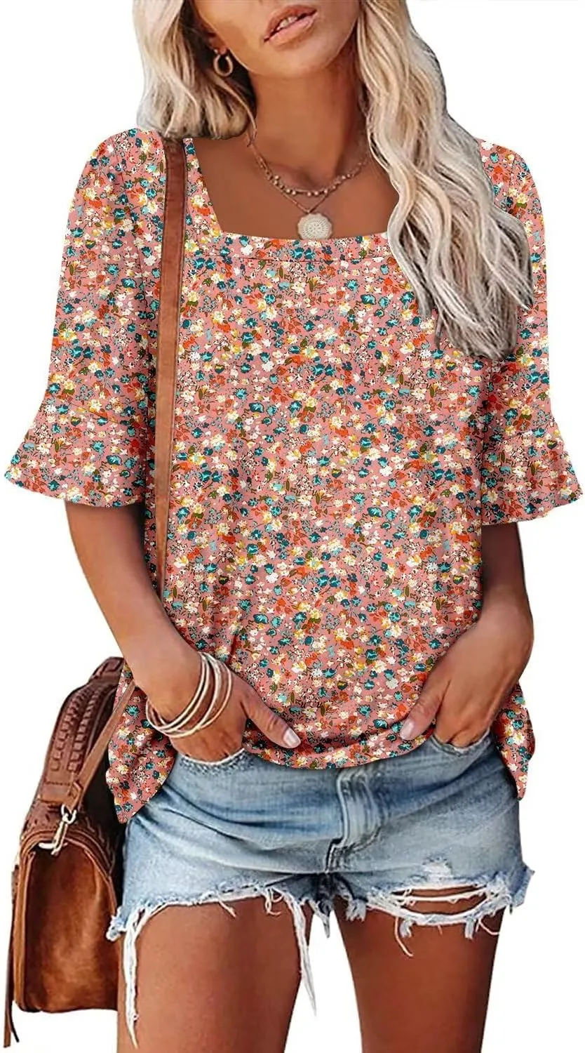 Magritta Womens Business Casual Tops Summer Fashion 3/4 Ruffle Sleeve T Shirts Dressy Casual Tunic Blouse