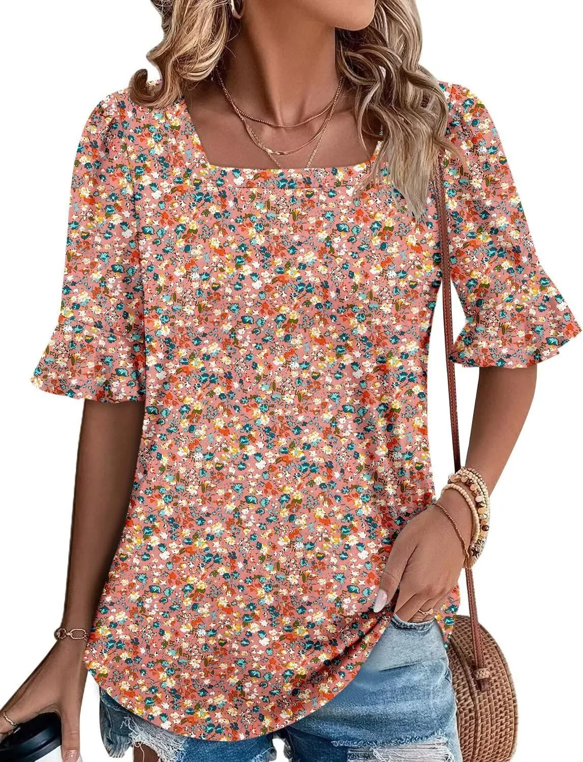 Magritta Womens Business Casual Tops Summer Fashion 3/4 Ruffle Sleeve T Shirts Dressy Casual Tunic Blouse