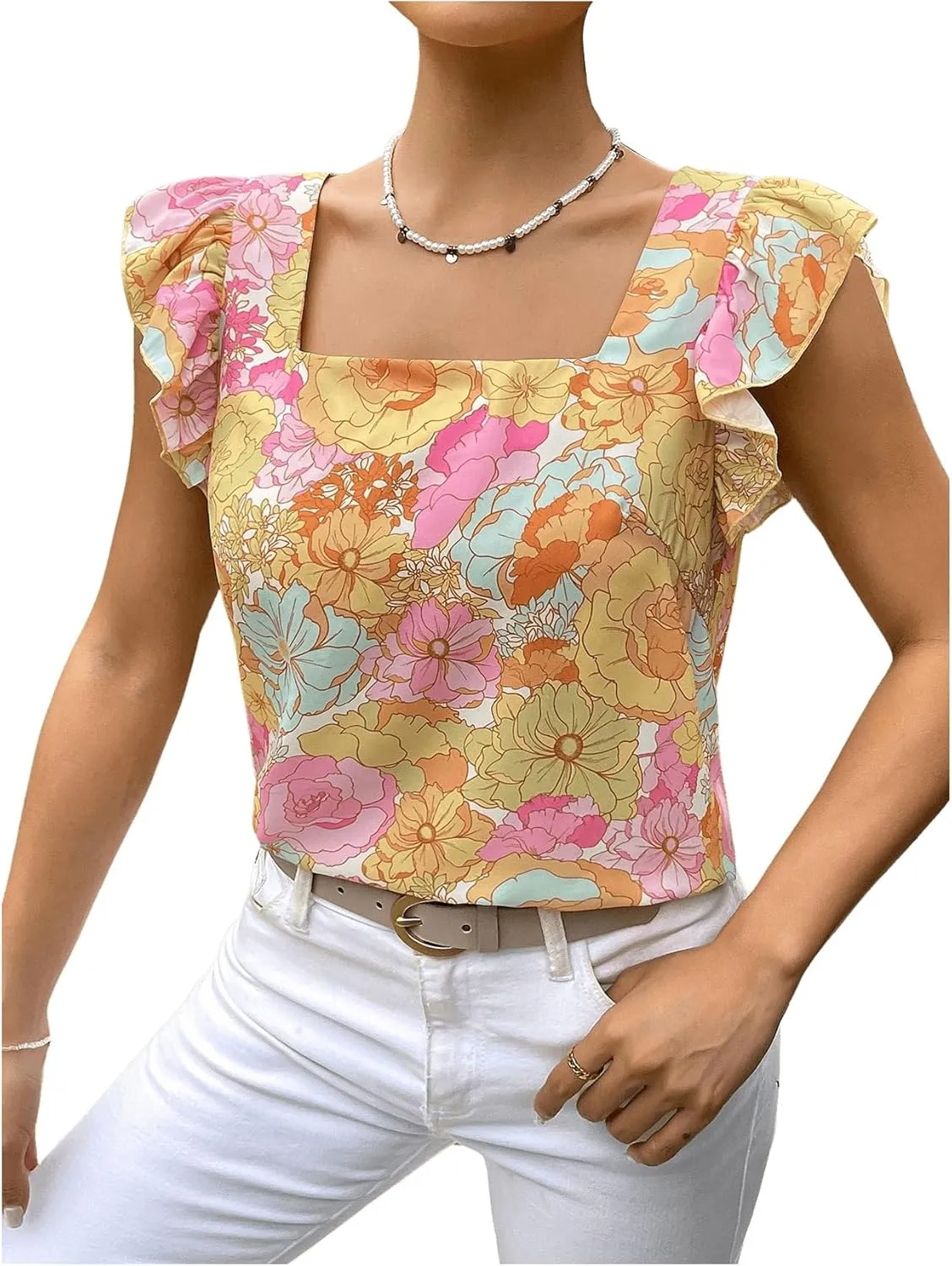 MakeMeChic Women's Floral Print Blouse Square Neck Ruffles Cap Sleeve Summer Shirt Tops