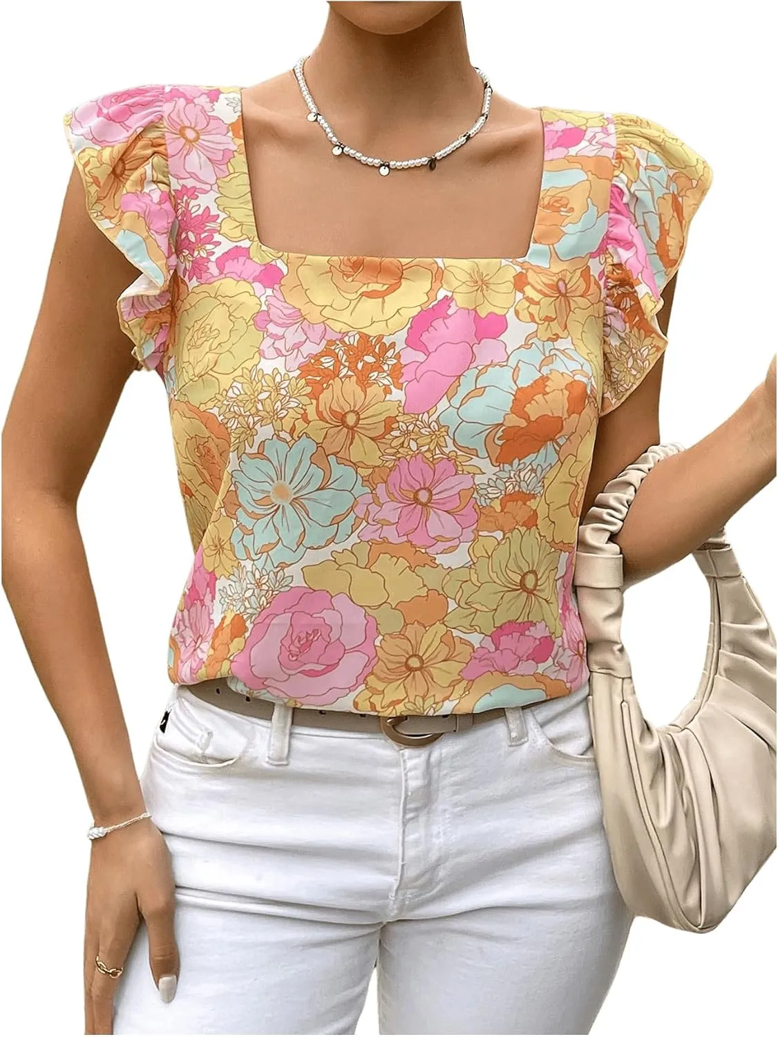 MakeMeChic Women's Floral Print Blouse Square Neck Ruffles Cap Sleeve Summer Shirt Tops